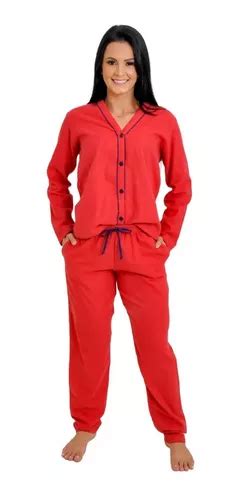 Pijama Feminino Longo Flanelado Inverno Aberto Botões