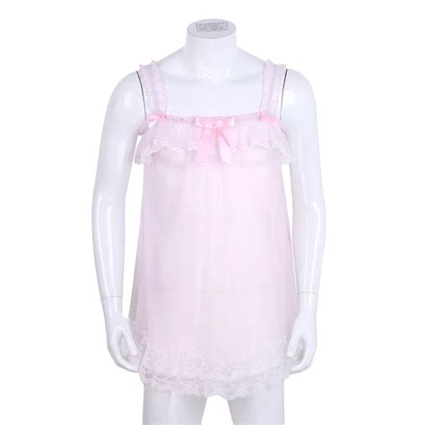 Sexy Lingerie Mens Sissy See Through Sheer Dress Babydoll Femme Elastic Shoulder Straps Frilly