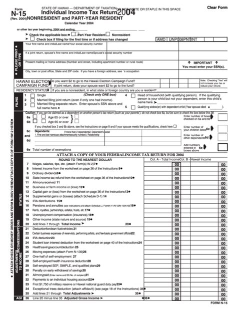 Fillable Form N Individual Income Tax Return Nonresident And Part