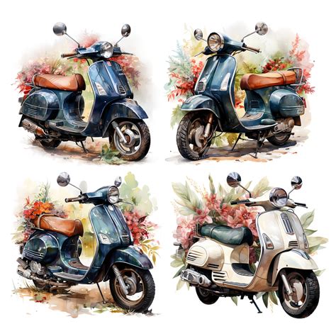 Italian Watercolor Vespa With Flowers Clipart Motorcycle Clipart