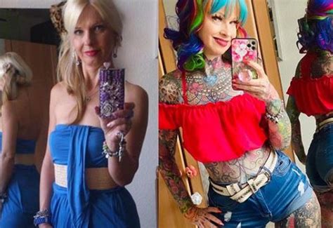 Oma geeft euro uit om getatoeëerde bikini babe te worden foto s