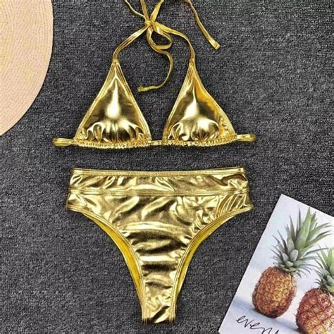 Wholesale Swimsuit Women Girl Sexy Swimwear Manufacturer Custom Econyl Shiny Halter Mini Bikini