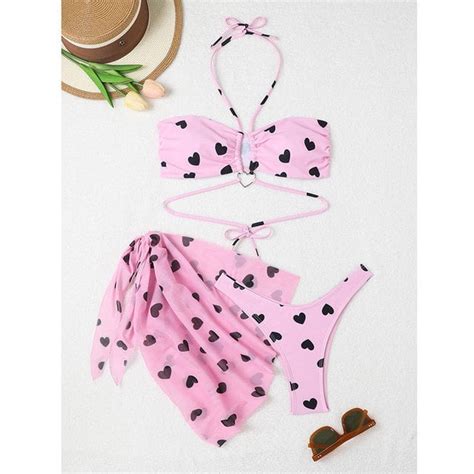 Women Pack Heart Print Bikini Sets With Skirt Bandeau Swimsuit Thong Swimwear Beach Cover Up