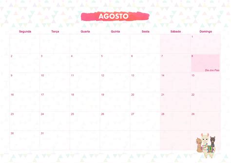 Calendario Mensal Lhama Rosa Agosto Fazendo A Nossa Festa