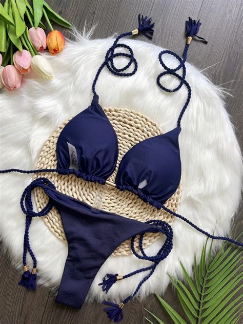Navy Rope Strap High Cut Triangle Bikini Swimwear On Luulla