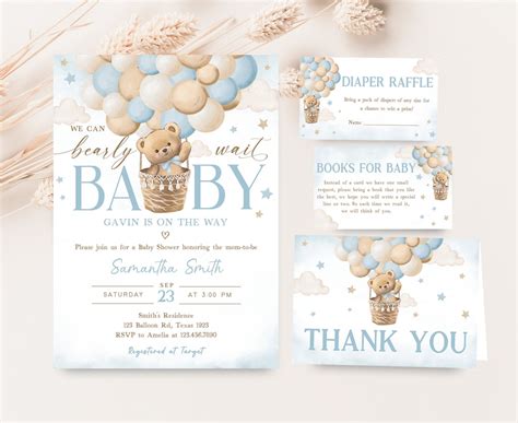 Editable Teddy Bear Hot Air Balloon Baby Shower Invitation Bundle We Can Bearly Wait Baby Shower