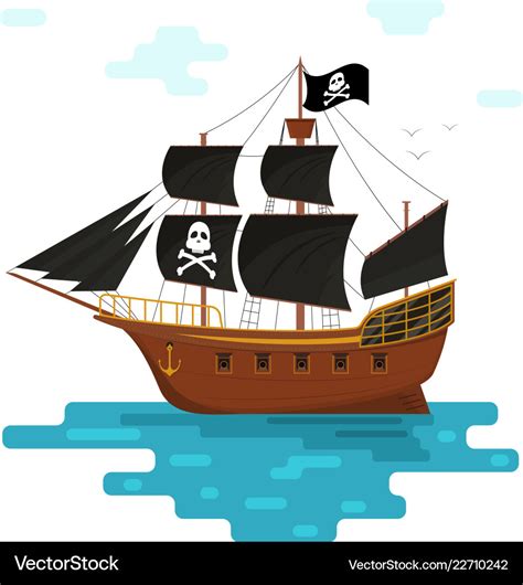 Cartoon pirate ship with black sails Royalty Free Vector