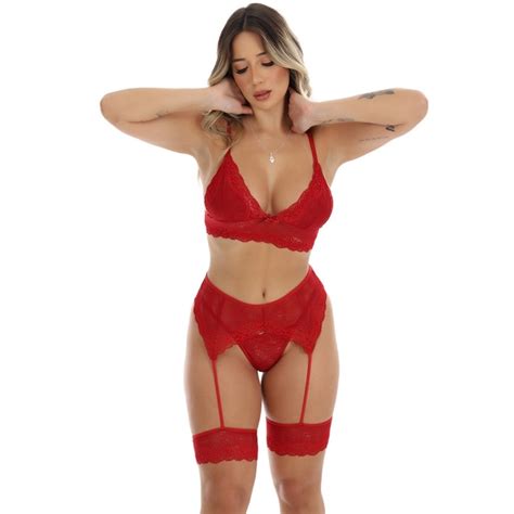 Conjunto Lingerie Sexy Feminino Trio Cinta Liga De Renda Shopee Brasil