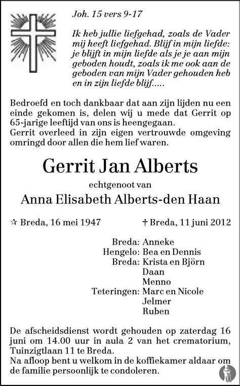 Gerrits Jan Alberts 11 06 2012 Overlijdensbericht En Condoleances