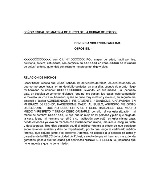 Modelo De Denuncia Penal Por Violencia Familiar O Domestica Se Or