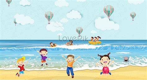 여름바닷가에서 놀고 있는 어린이들 일러스트 무료 다운로드 - Lovepik