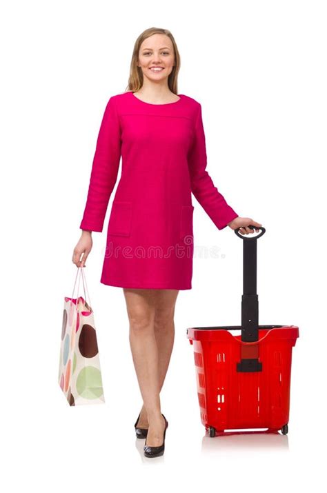 Woman With Shopping Cart Isolated On White Stock Photo Image Of