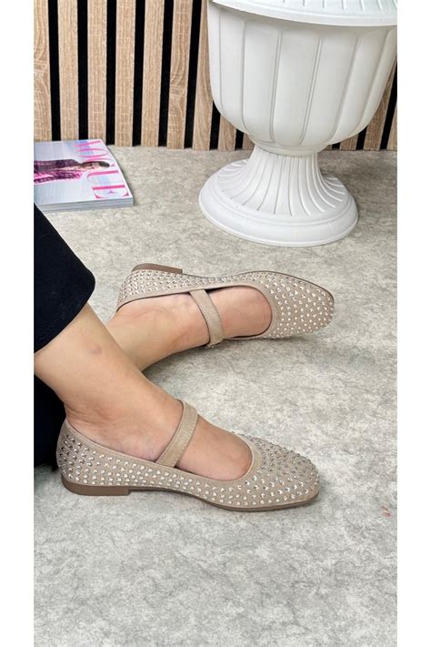 Allyup Günlük Kadın Nude Babet Ayarlanabilir Tokalı Tek Bant Kısa Topuk Küt Burun Gümüş Taşlı