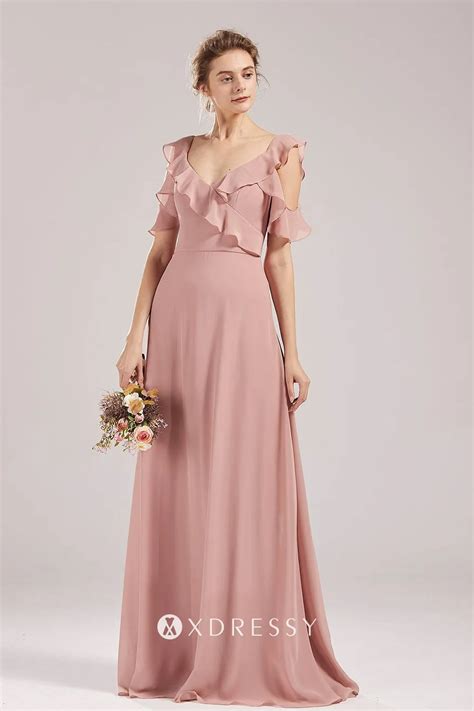 Pink Nude Ruffled V Neck Cap Sleeve Long Dress Xdressy