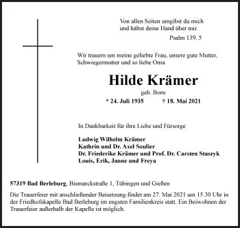 Traueranzeigen Von Hilde Kr Mer Trauer De