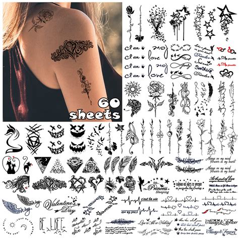 Acevegue 60 Blätter Fake Tattoos 3D Temporäre Tattoo Schwarzes Tattoo