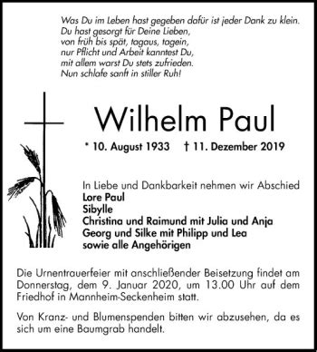 Traueranzeigen Von Wilhelm Paul Trauerportal Ihrer Tageszeitung