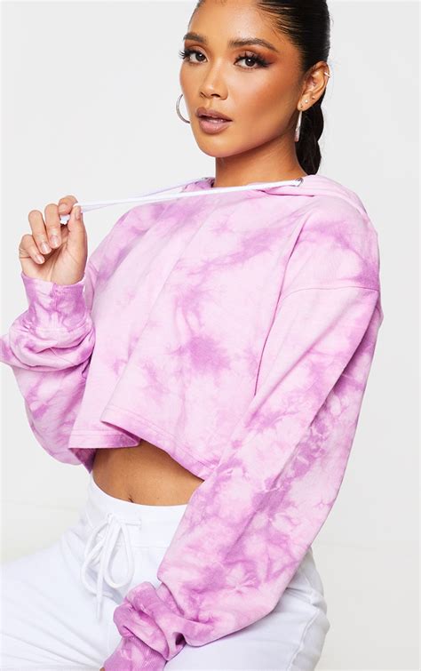 Hot Pink Tie Dye Cropped Hoodie Tops Prettylittlething Ie