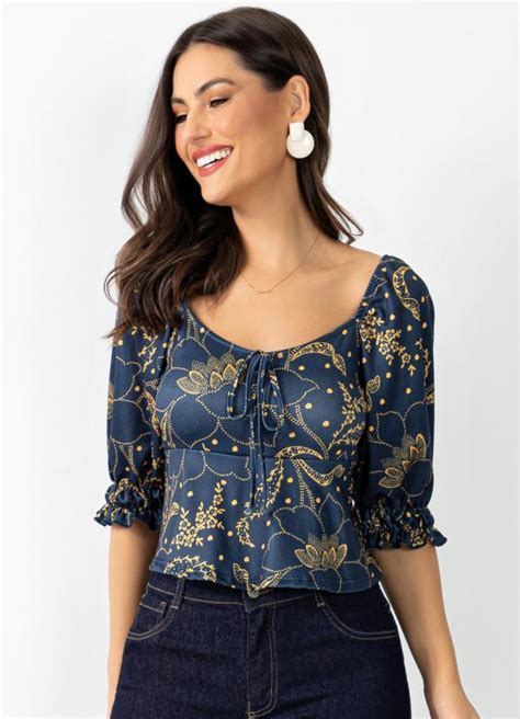 Blusa Floral Marinho Babados Quintess