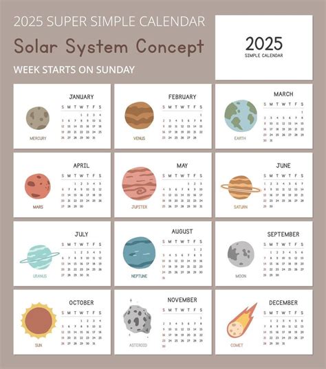 Simple 2025 Calendar Template with Solar System concept illustrations ...