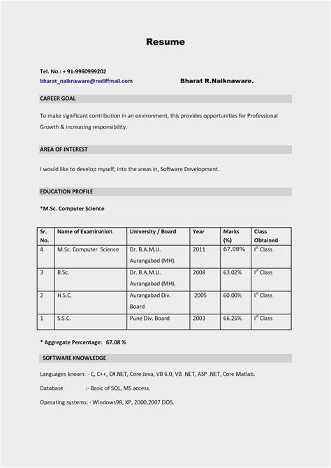 Bsc Chemistry Fresher Resume Format Download Bsc It Resume Format For