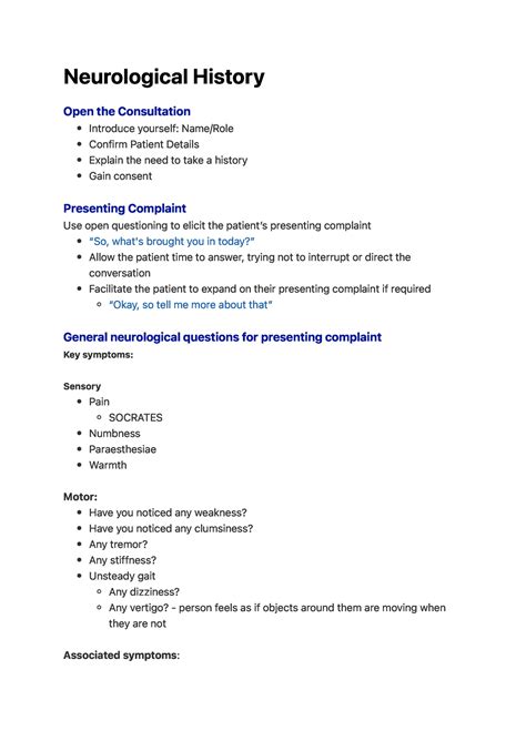 Neurological History - N e u ro l o g i c a l H i s to r y Open the