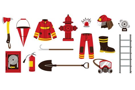 Fire fighting equipment. Cartoon fireman tools doodle flat s