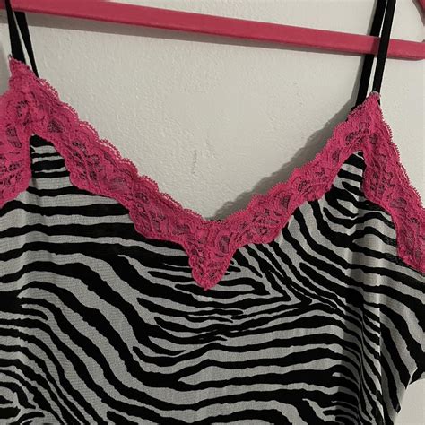 Y2k Zebra Print And Hot Pink Lace Tank Top Can B Depop