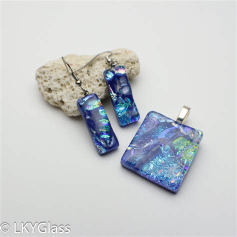 Blue Dichroic Glass Necklace Earring Set Fused Glass Pendant Dichroic