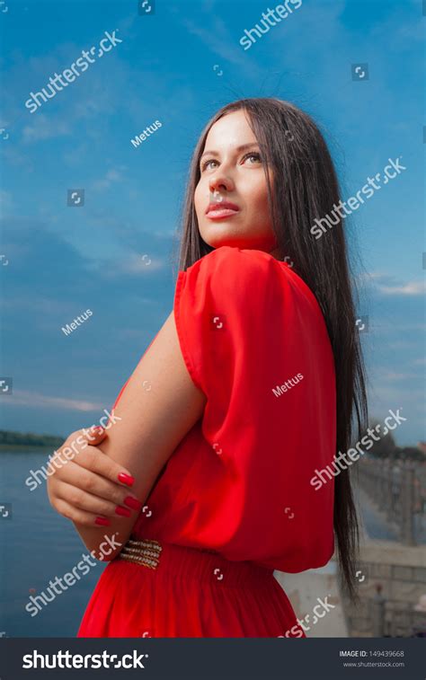 Brunette Girl Long Hairs Red Dress Stock Photo Shutterstock