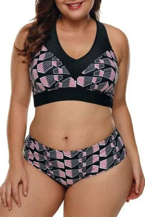 Buy Plus Curvves Plus Size Geometry Cross Back Bikini Swimwear Xl Black Online At Best Prices