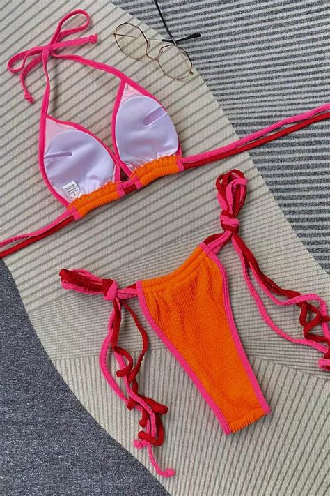 Orange Crinkle Triangle Halter Tie Side Bikini Set Shopperboard