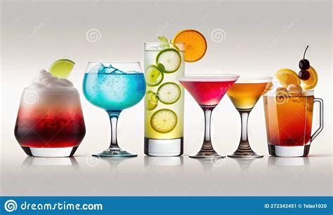 A Row Of Different Types Of Cocktails In Different Glasses Stock