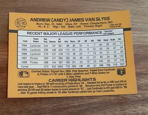 Andy Van Slyke Pirates Donruss Mvp Bc Ebay