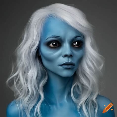 Blue Skinned Humanoid Alien Woman With White Wavy Hair And Square Jaw