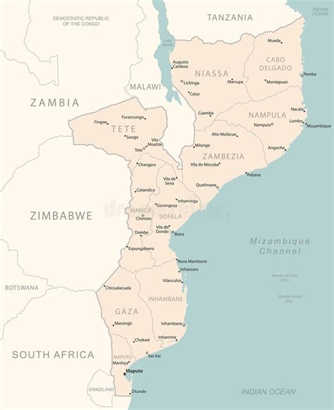 Mozambique Mapa Detallado Con Las Divisiones Administrativas País Stock