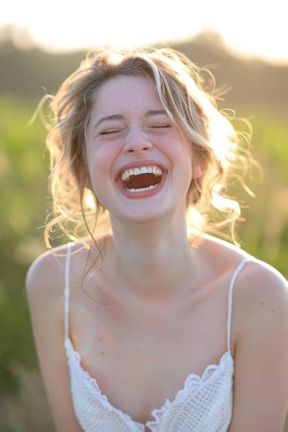Portrait Of A Sweet Woman Blonde Laughing Joyfully Premium AI Generated Image