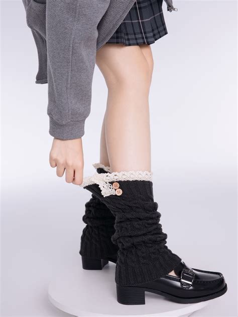 Button Details Lace Ruffled Cuff Knitted Leg Warmers 5 Color Options