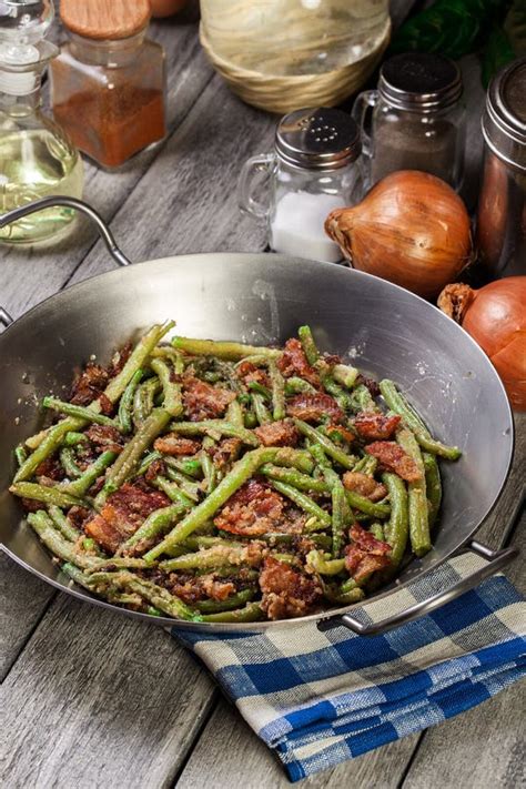 Healthy Sauteed Green Beans With Bacon Onion And Bread Crumbs Stock