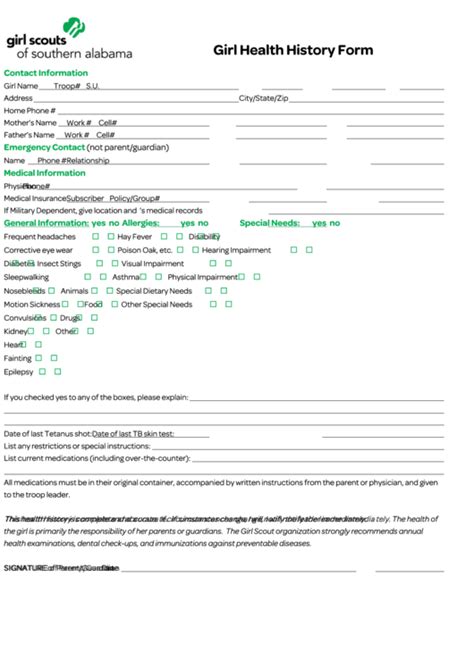 Fillable Girl Health History Form Girl Scouts Of Southern Alabama