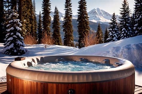 A Hot Tub With Spa Near A Winter Forest With A Snow Covered Mountain Stock Illustration