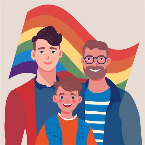 Couple gay mâle adoptant bébé Deux jeunes hommes heureux et enfant illustration vectorielle