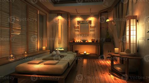 Relaxing spa setting with soft lighting and massage tables. Cozy