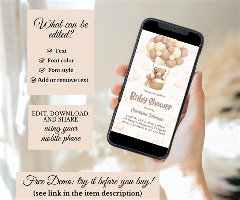 Phone Invitation For Baby Shower Bear Hot Air Balloon Gender Neutral Baby Shower Editable