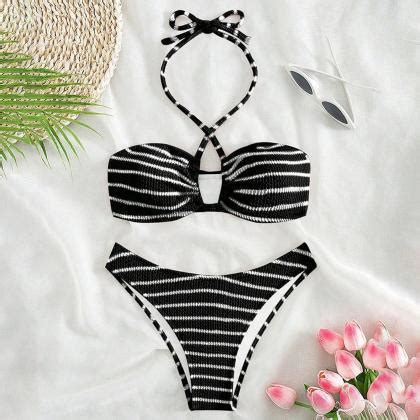 Strappy Black White Striped Bikini Swimsuit Set On Luulla