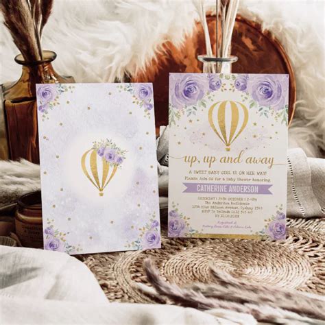 Purple Up And Away Hot Air Balloon Baby Shower Invitation Zazzle