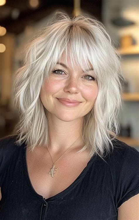 Long Bob Hairstyles With Fringe For Women Over Shaggy Platinum Blonde Lob With Textured