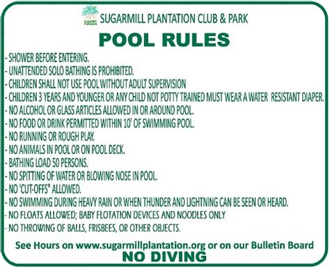 SugarMill Plantation Swimming Pool Rules