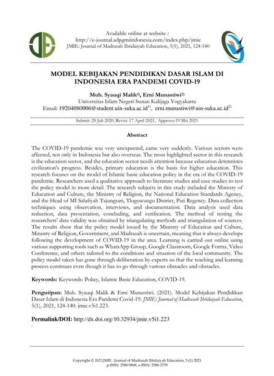 Model Kebijakan Pendidikan Dasar Islam Di Indonesia Era Pandemi Covid