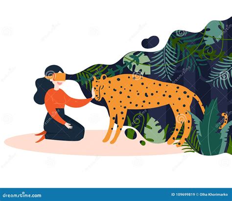 Girl in VR Virtual Reality Glasses and Jungle Stock Vector ...